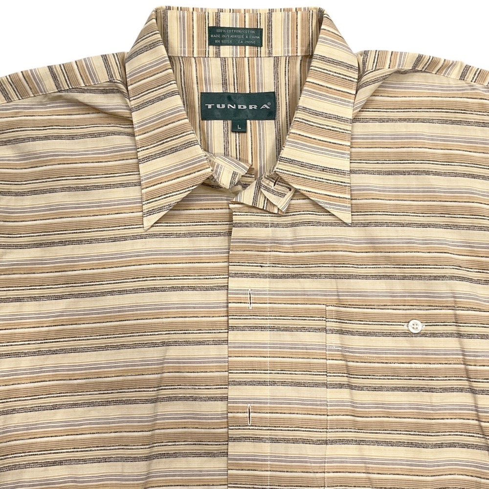 Tundra Shirt Men L Beige‎ Tan Stripe Classic Long Sleeve Collar Cotton Casual